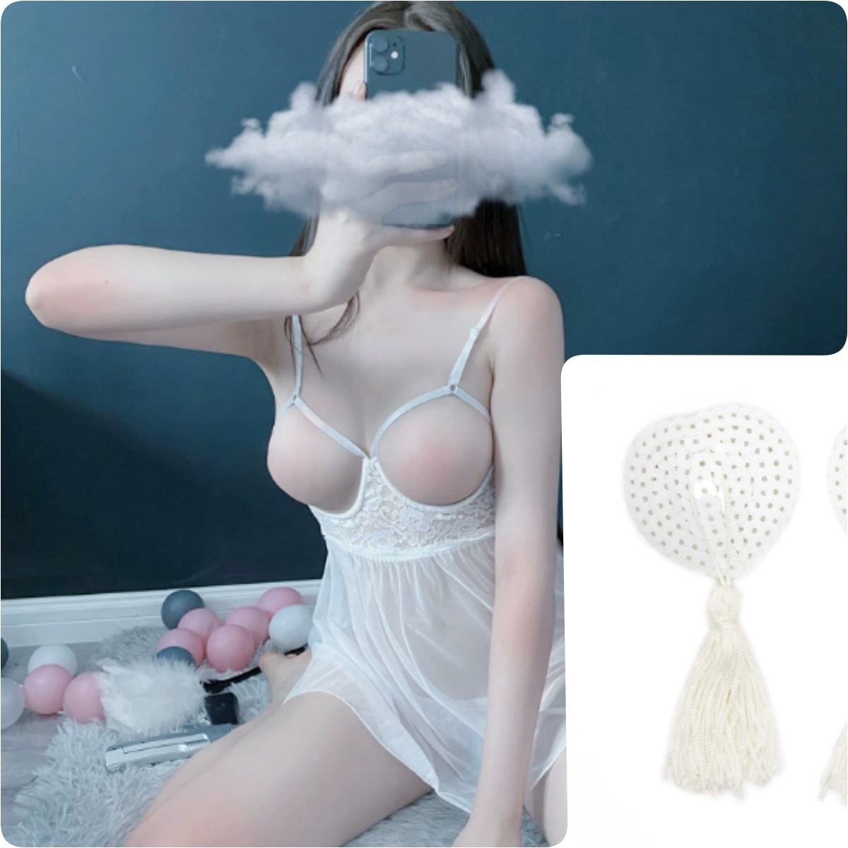 언더와이어 화이트 나이트가운 + 하트 모양의 화이트 젖꼭지 젖꼭지, 프리 팬티