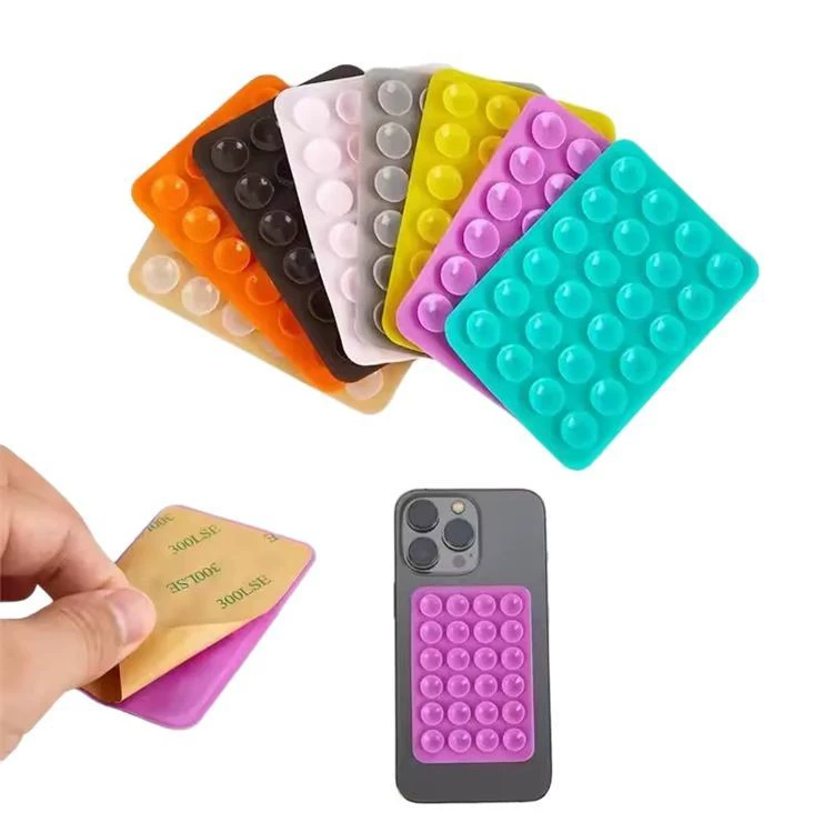 Silicone phone grip pads, square-suction design, assorted colors with clips
