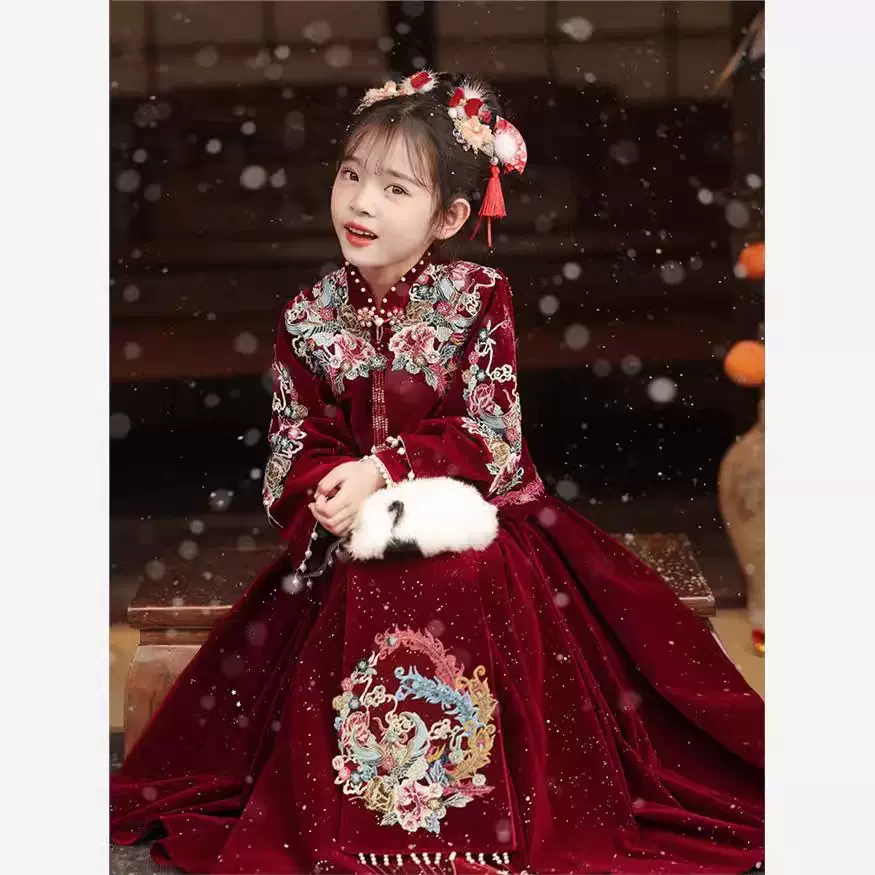 女童礼服秋冬长袖汉服新春小女孩拜年服高级感小主持人礼服加厚