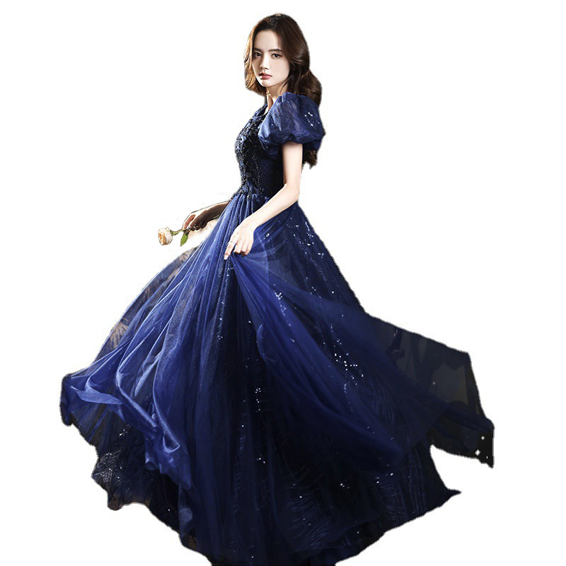 Azul banquete vestido de noche para las mujeres 2024 nueva primavera temperamento anfitrión vocal Música arte examen vestido Reunión Anual vestido