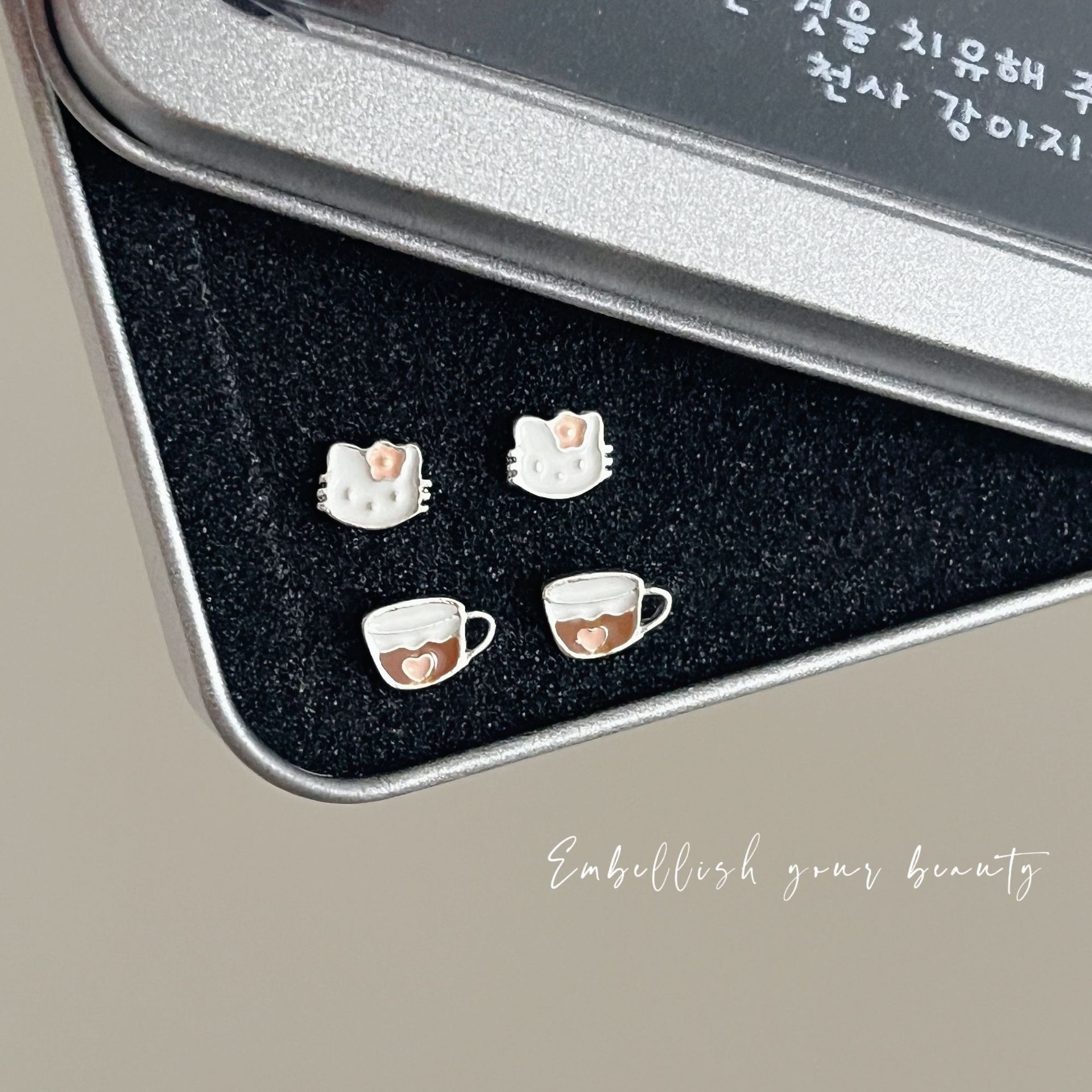 猫咪下午茶耳钉组合女甜美可爱小巧百搭耳环少女心精致设计感耳饰