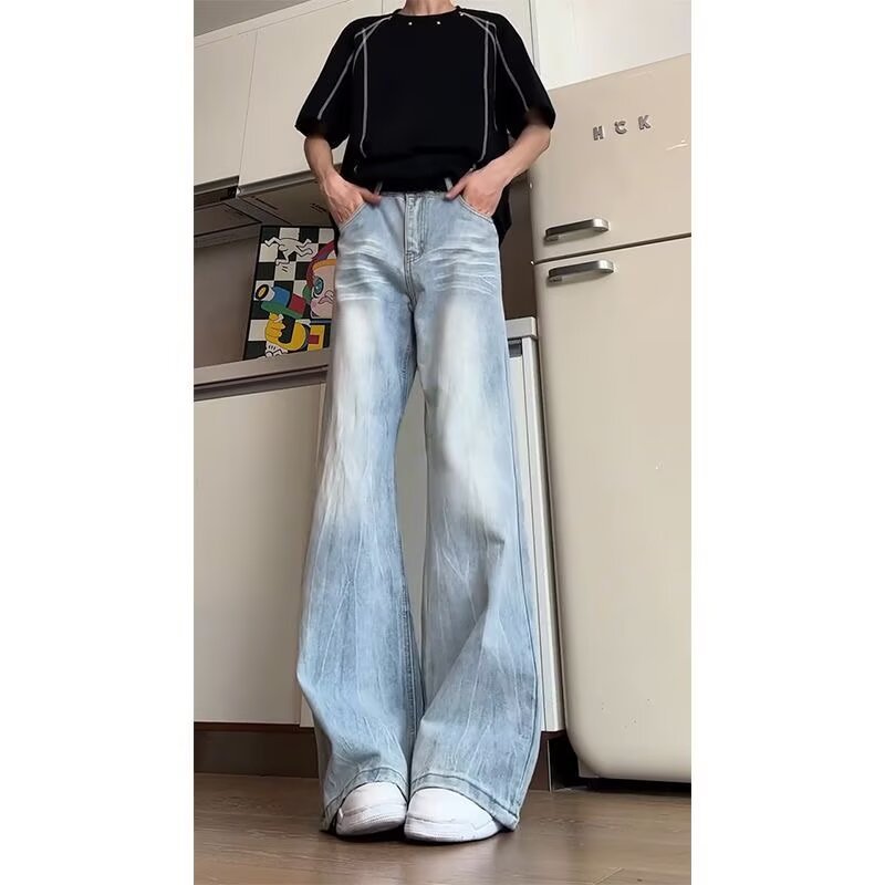 남성용 라이트닝 패턴 청바지 봄, 가을 새로운 트렌디 브랜드 루즈한 와이드 팬츠 남성용 아메리칸 하이 스트리트 스트레이트 레그 마이크로 플레어 바지