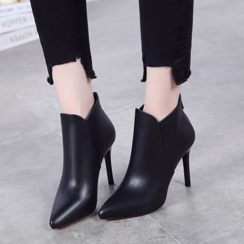 Women's Winter  New High Heel Slim Heel pointed toe short boots with back zipper comfortable moccasin boots with lining