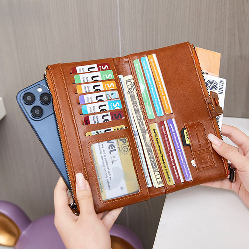 Wallet for Women  New RFID Anti-Magnetic Money Clip Vintage Oil Wax Leather Handbag Multi-functional Long Wallet for Ladies