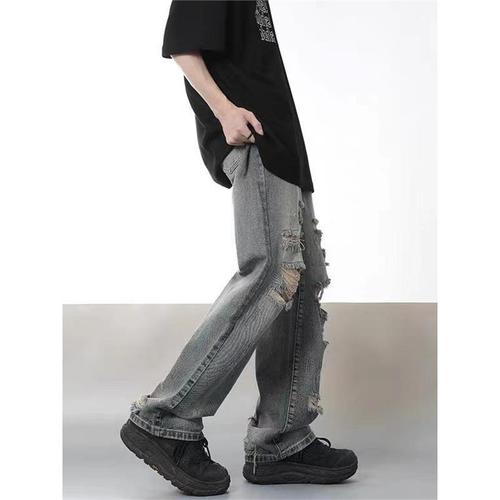Vintage washed ripped hole men's streetwear hip-hop fashion loose straight-leg slimming pants