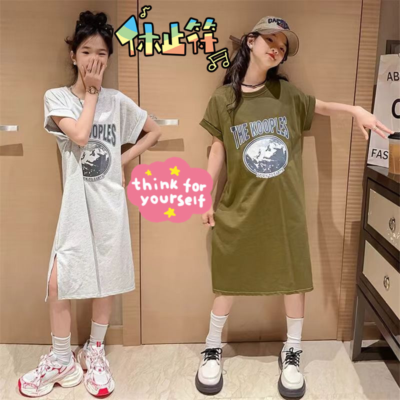 Children's Clothing Summer Girls' Dresses 2025 New Medium and Large Kidsren's Short-Sleeved Mid-Length T-Shirt Skirts Kidsren's Style Skirts