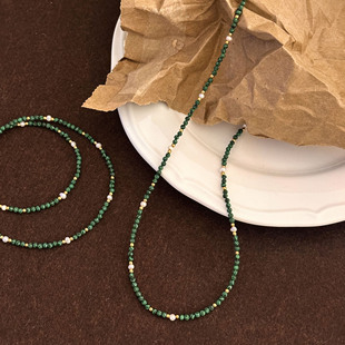 Vintage Malachite Freshwater Pearl Necklace Women's Mori Style Elegant Overlapping High-end Beaded Clavicle Chain Natural Stone Chain