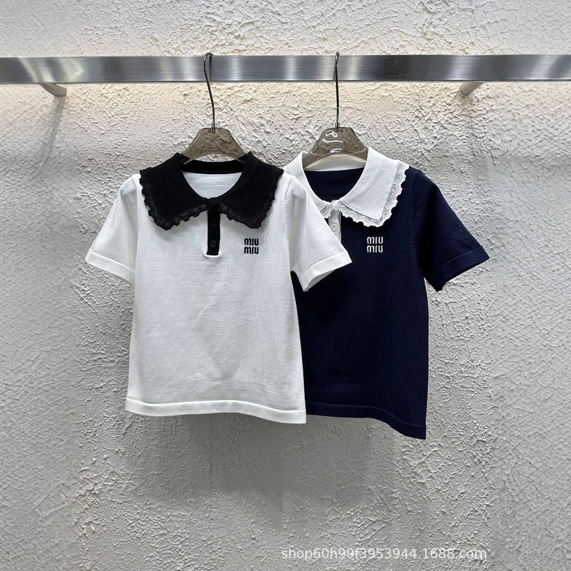 25 夏の新スタイルコントラストレター刺繍人形ラペル年齢軽減ニット半袖女性モデル|undefined