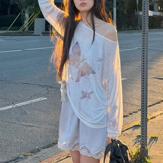 现货韩国小众潮牌蝴蝶斜领露肩长袖T恤打底防晒罩衫上衣女宽松