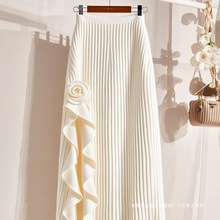 秋冬新款高腰显瘦粉色中长半身裙女法式重工玫瑰花A字裙潮