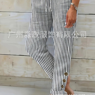 2025 European and American fashion new cross-border striped cotton and linen elastic waist trousers decorative buckle casual pants