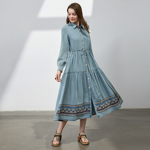 2025 New Spring Retro Drawstring Bodycon Dress for Women, Hand-embroidered Denim Skirt A82751