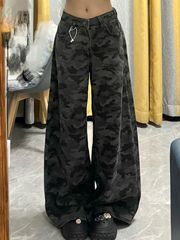 美式迷彩牛仔裤女高腰宽松辣妹直筒工装阔腿裤子潮2025年春季新款