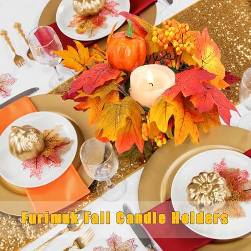 Autumn Candle Wreath Maple Leaf Pumpkin Thanksgiving Artificial Candle Holder Candle Wreath Halloween Table Door Decoration