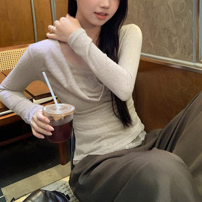 MosesQueen魔西女王假两件荡领蕾丝拼接针织衫修身显瘦长袖上衣秋|undefined