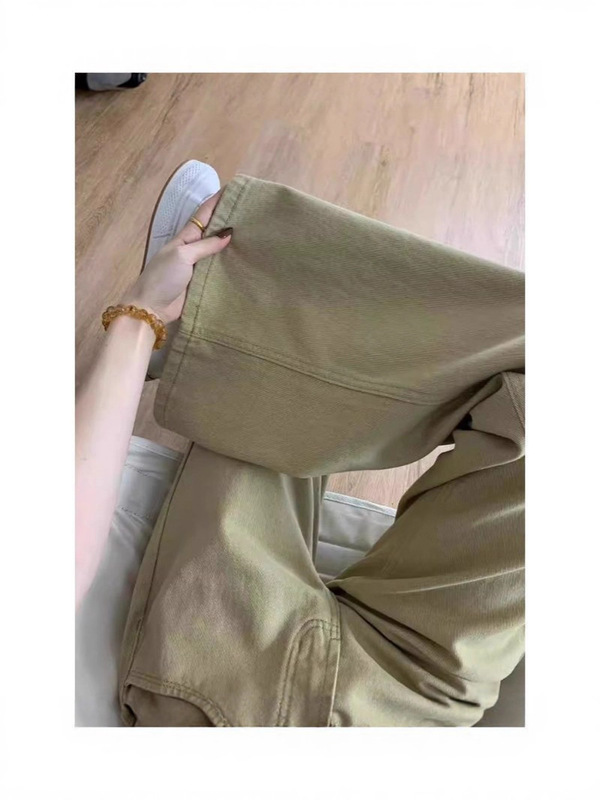 美式复古卡其色微喇牛仔裤女夏季低腰垂感显瘦百搭休闲直筒拖地裤|undefined