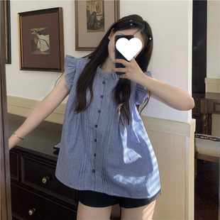 French Design Sweet Little Flying Sleeves White Plaid Shirt Women's Summer Niche Sleeveless Chic Babydoll Top
