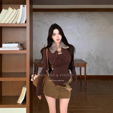 毛领绑带修身设计感不规则下摆辣妹加绒上衣女打底衫可外穿秋冬装