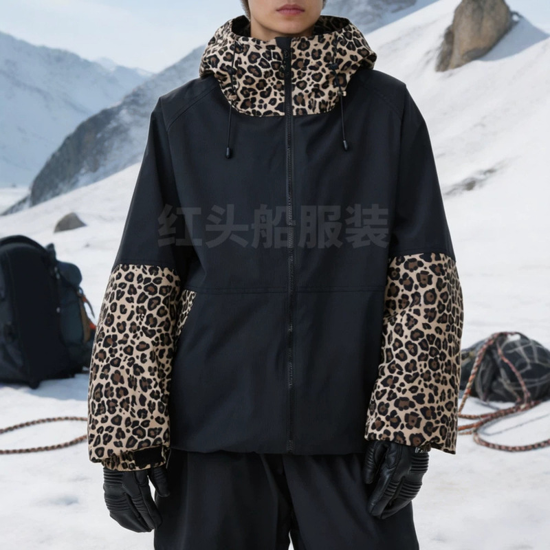European and American men's jacket, leopard print patchwork, casual windbreaker, lightweight outdoor hooded ski jacket, export-oriented men's clothing European and American men's jacket, leopard print patchwork, casual windbreaker, lightweight outdoor hooded ski jacket, export-oriented men's clothing