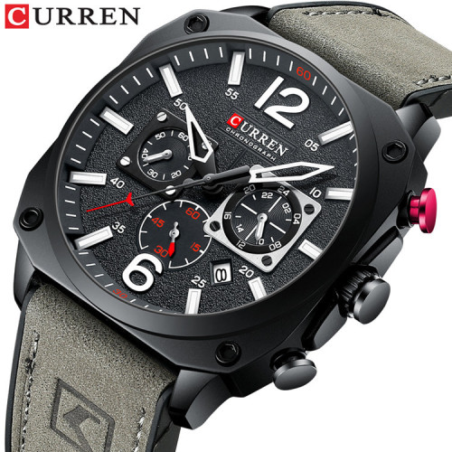 CURREN/Carren New Model 8398 Men's Fashion Waterproof Leather Strap Watch with 6-Hole Calendar Quartz
