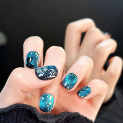 手工穿戴甲全尺寸美甲甲片藍色煙花貓眼愛心小貓款指甲貼片可拆卸