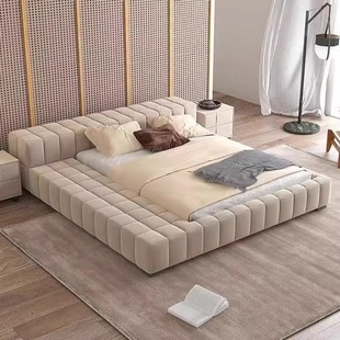 Nordic Light Luxury Minimalist Floor-Standing Tatami Low Bed Modern Cream Style Villa Master Bedroom Solid Wood Soft-Packed Double Wedding Bed