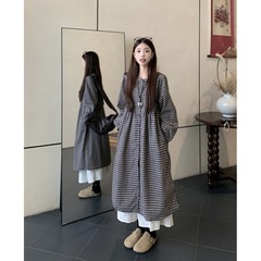 撞色格子圆领长袖连衣裙女款春季日系复古慵懒风叠穿衬衫裙长裙子