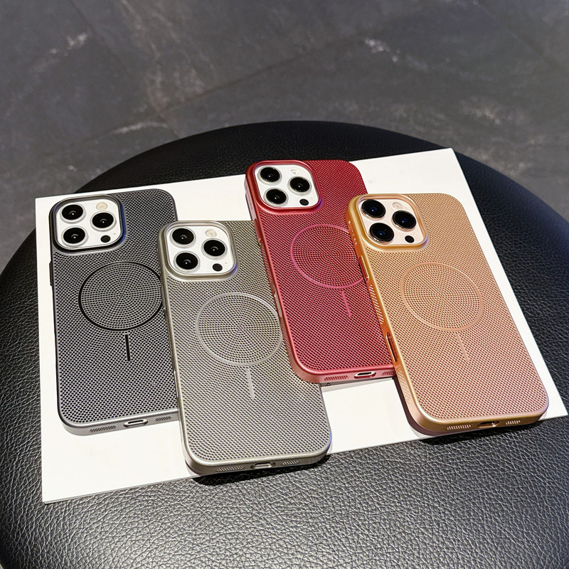 New Electroplated Apple 16Promax Magnetic Phone Case Iphone17 Metal Paint Mesh Hole 15Plus Cooling Case
