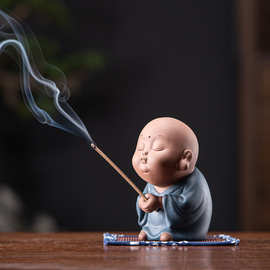 创意陶瓷可爱小和尚香道桌面摆件家用线香插香器香熏香炉香托香盘