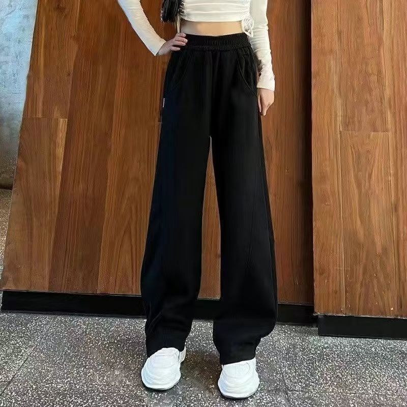 藏蓝色直筒加绒加厚卫裤女香蕉裤今年流行秋冬季运动裤休闲阔腿裤|undefined