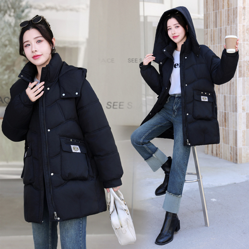 2024 invierno estilo coreano encapuchado vestido de pan de tamaño grande abrigo de algodón de pluma grueso mujer estilo largo exterior abrigo de algodón suelto image 4
