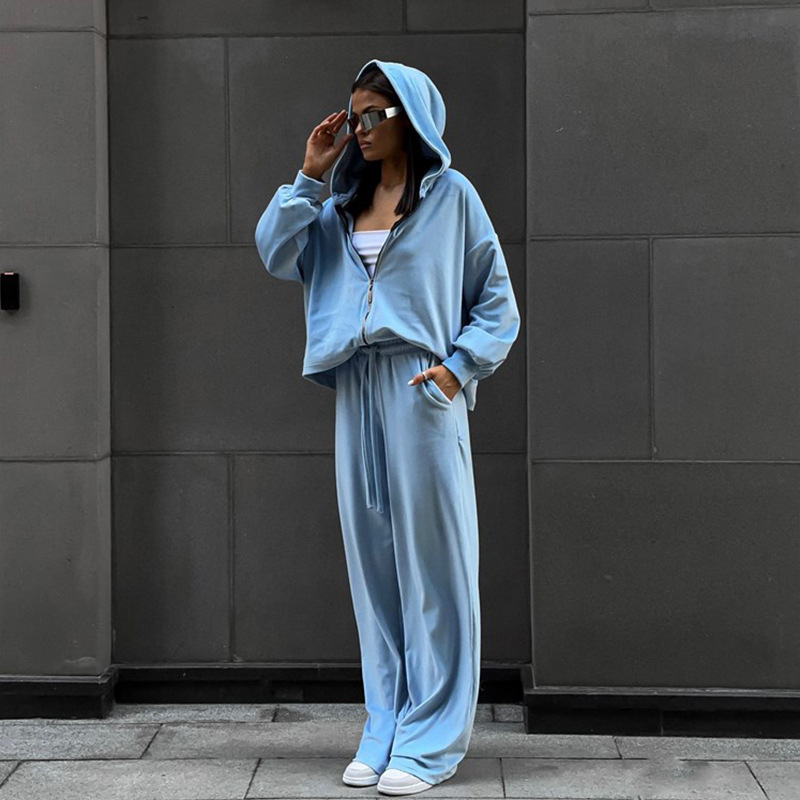 2026 European and American Foreign Trade Casual Autumn Women's Suit Solid Color Long-Sleeve Cardigan Hooded Top Sports Pants Two-Piece Set