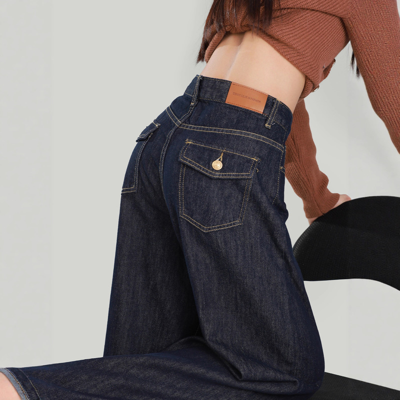 Dark Blue High-Waisted Wide-Leg Jeans for Women 2025 New Spring and Autum Loose Draped Floor-Length Straight Casual Pants