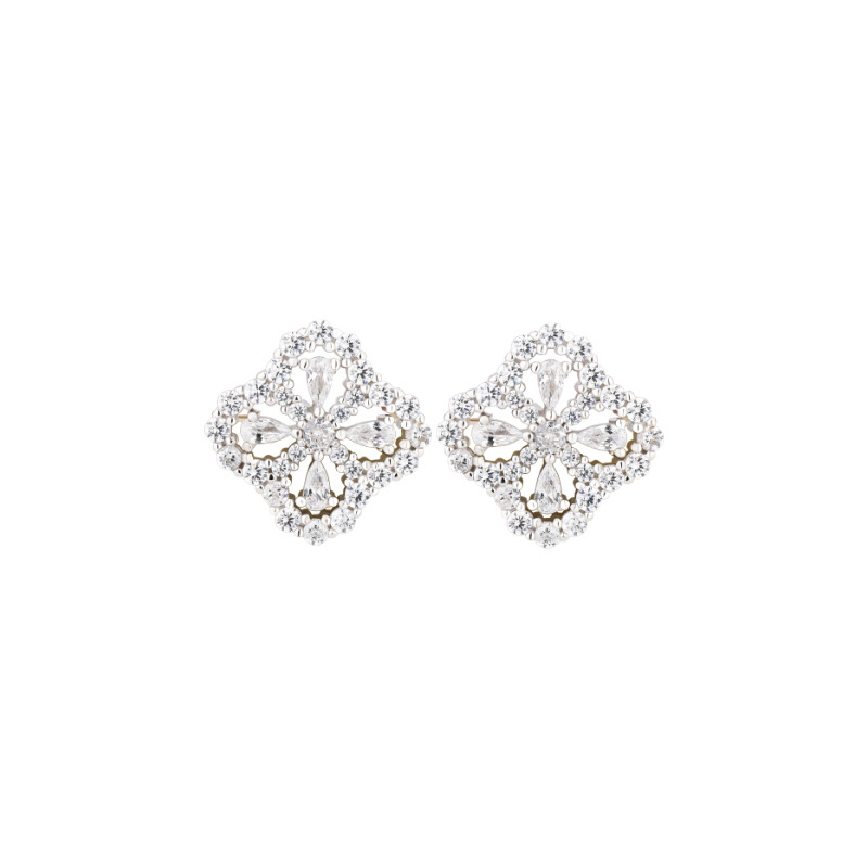 Pendientes de trébol de diamante completo para las mujeres 925 plata esterlina Luz de lujo de alto grado nicho diseño elegante pendientes de flores