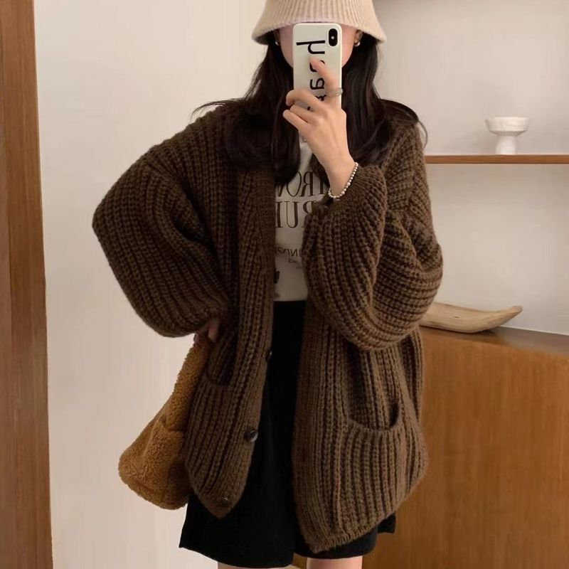 加厚粗线马海毛秋冬新款针织开衫女装宽松慵懒风复古休闲毛衣外套|undefined
