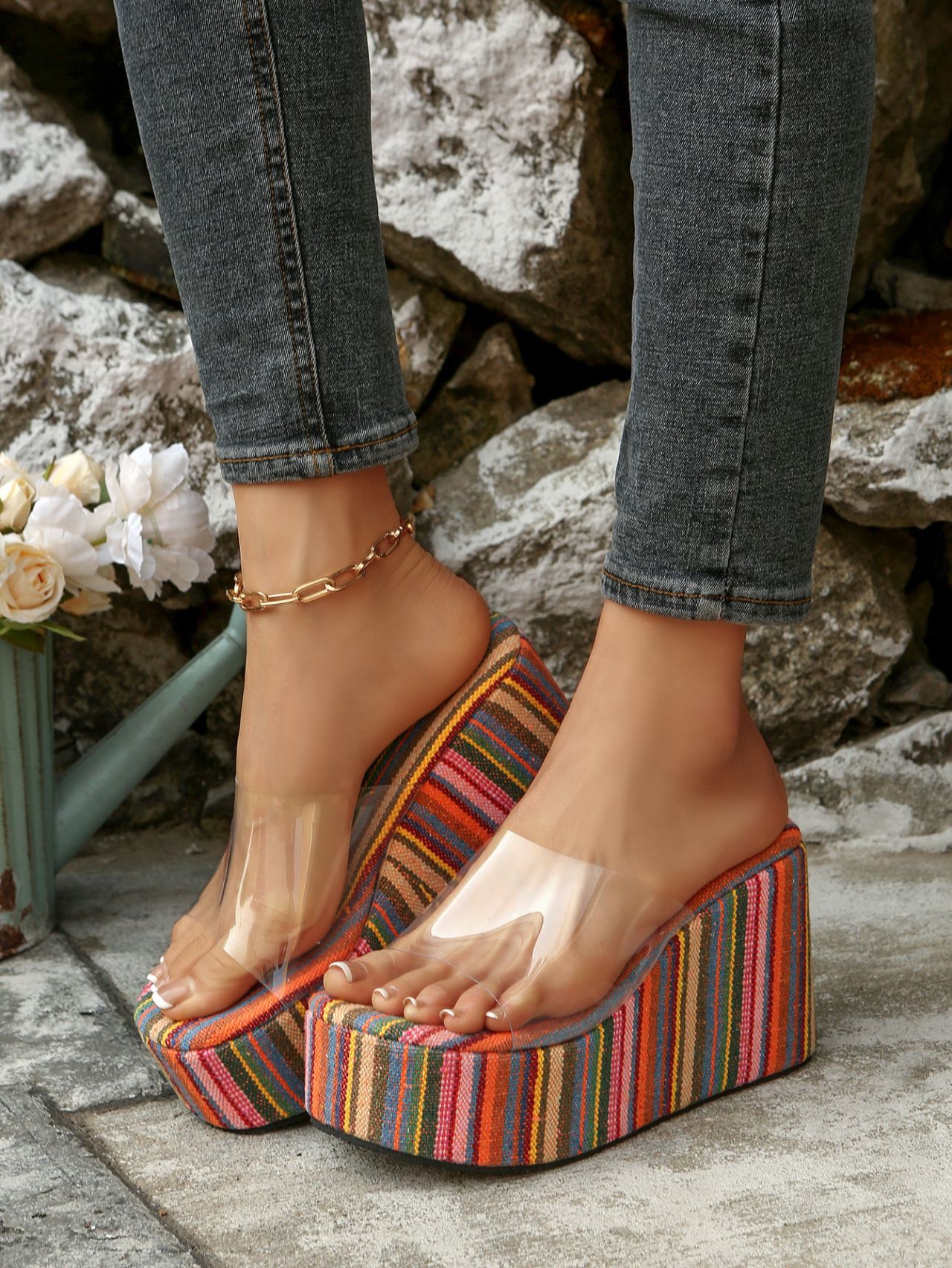 Women's Plus Size Striped Colorful Platform Sandals European American Style Transparent Wedge Summer New Style Size 43_vogvips.com
