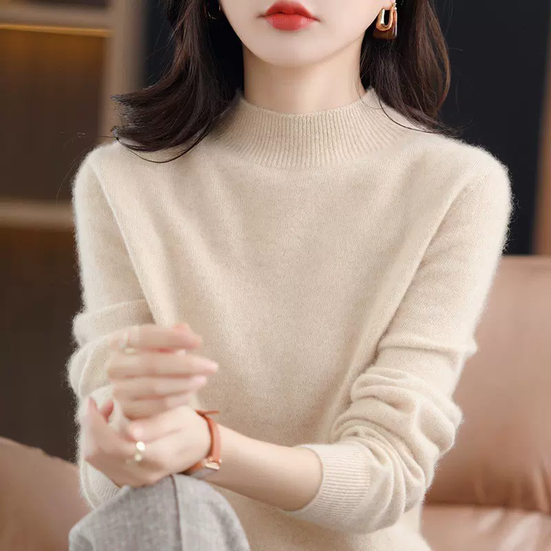 2024秋冬新款纯色圆领毛衣女宽松套头内搭宽松打底衫针织上衣女装