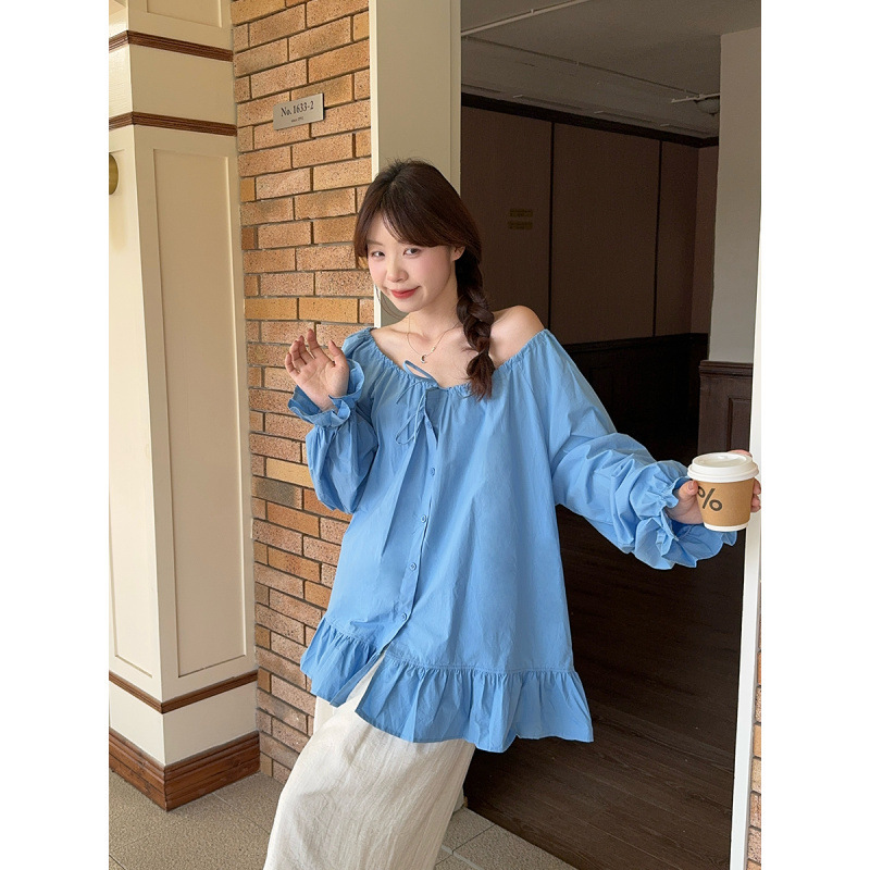 plus size Chubby MM2025 New Loose Drawstring Collar Solid Color Single-breasted Lace Shirt