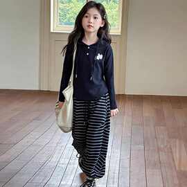 女童秋装休闲套装网红新款韩版洋气女孩春秋长袖休闲条纹裤两件套