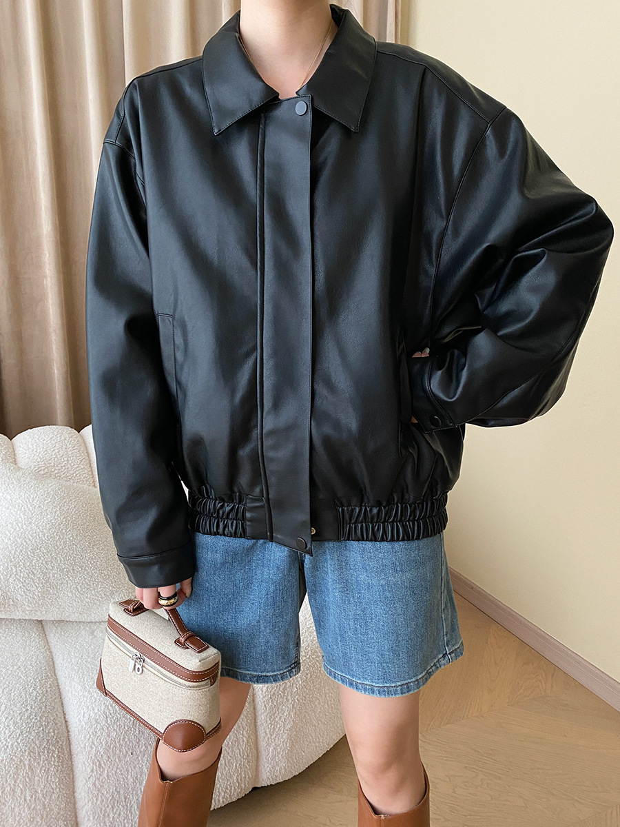 司南 法式中古风 早秋随意感廓形皮衣外套PU皮夹克设计感 SN3884-阿里巴巴