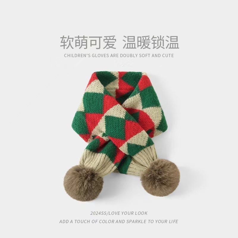 儿童针织交叉围脖中小童男女宝宝英伦格子围巾秋冬保暖舒适围脖套|undefined