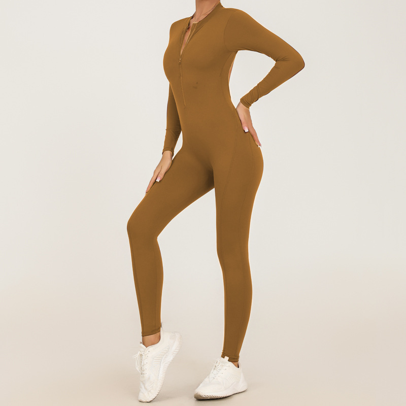 Otoño e invierno nuevo estilo europeo y americano con cremallera de manga larga nude yoga mono mujer fitness diario belleza espalda deportiva mono