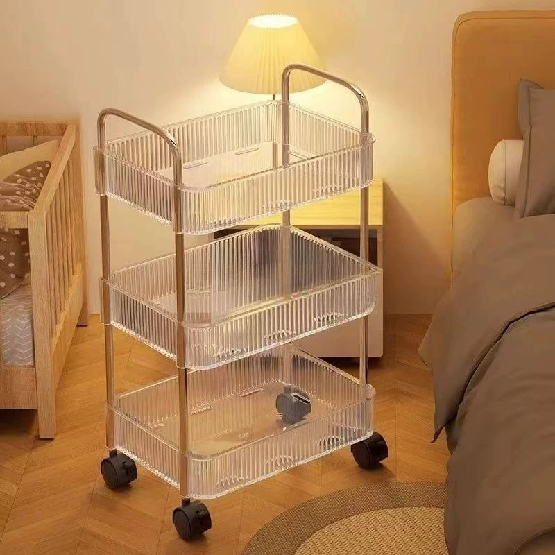 Акриловая тележка для хранения, прикроватная тумбочка для закусок, напольная книжная полка для спальни, мобильная многослойная полка для хранения косметики