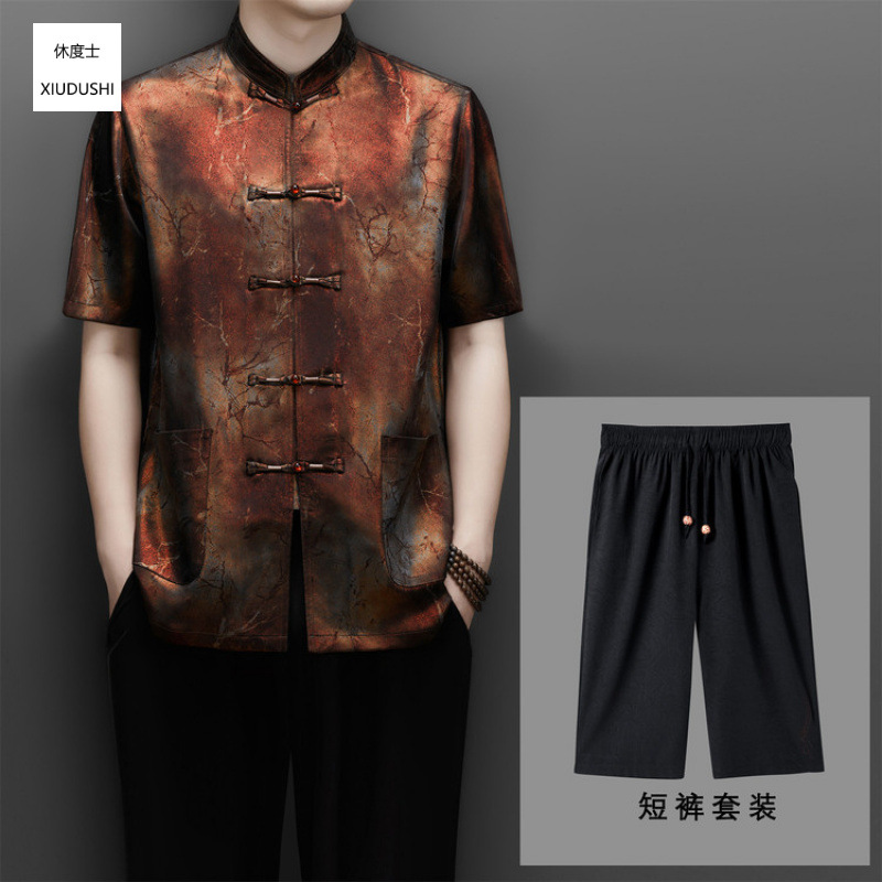 Imitation Xiangyun yarn mulberry silk Tang suit men's short-sleeved summer thin ice silk grandpa and dad summer suit set