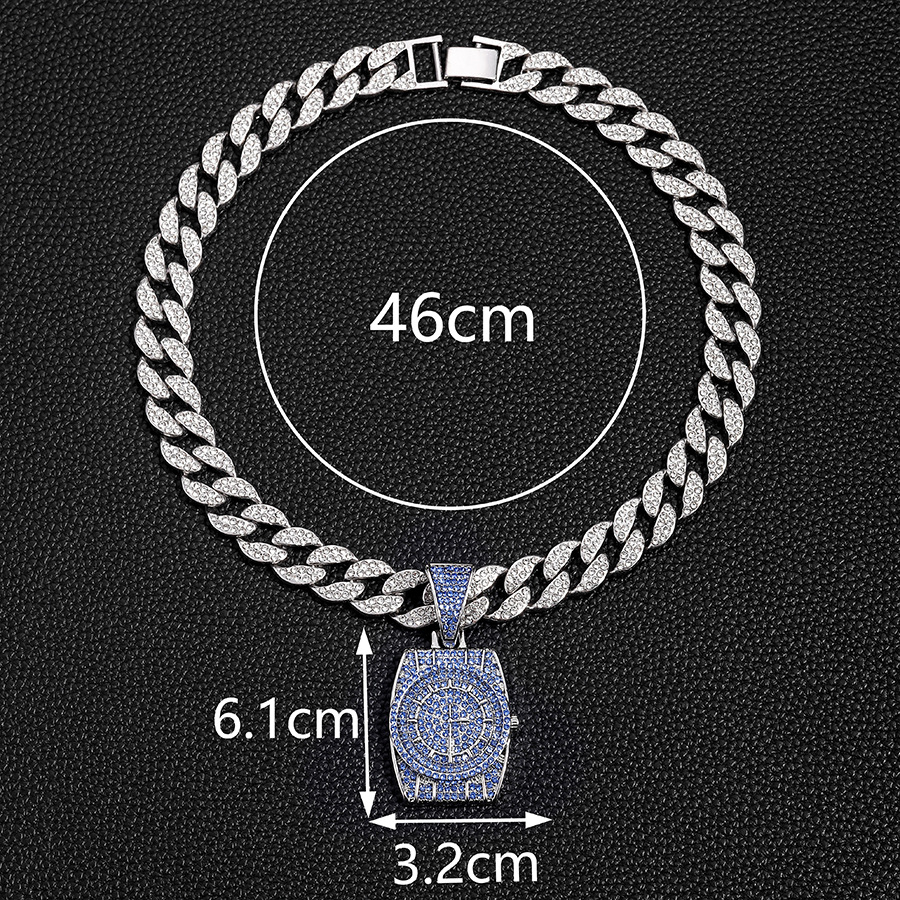 Personalized hip-hop niche blue diamond watch pendant full of diamonds, men's versatile jewelry, Cuban necklace jewelry_voghion.com