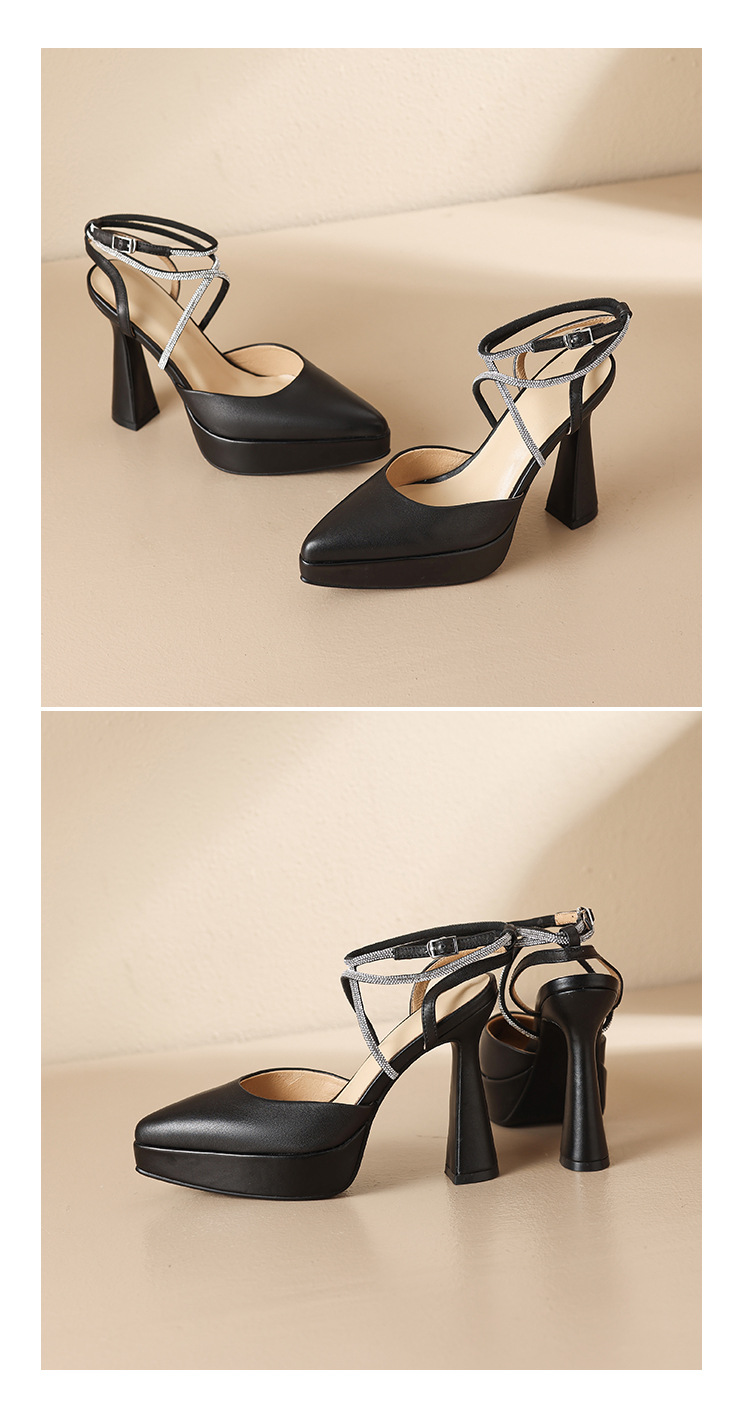 Giày sandal cao gót nữ đính đá mũi kín gót vuông platform 9 cm — màu đen, màu trắng ngà chi tiết 11