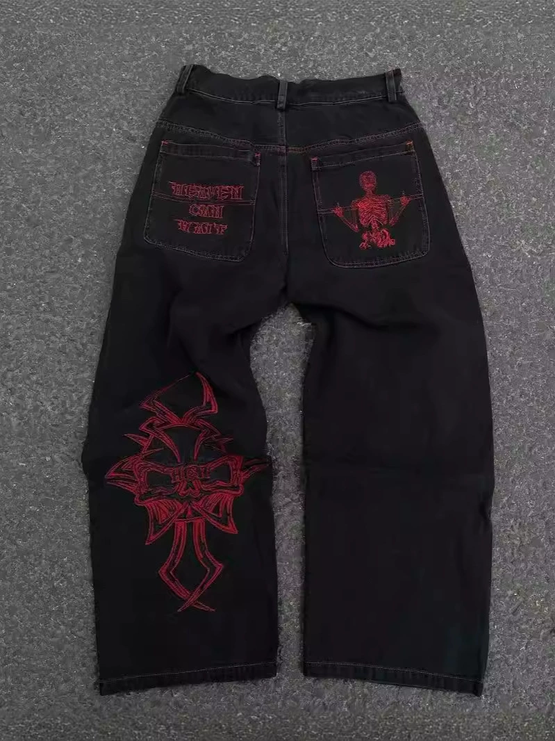 В этом году Y2K джинсы мужские хип-хоп ретро череп стирает свободные джинсы повседневные широкие брюки