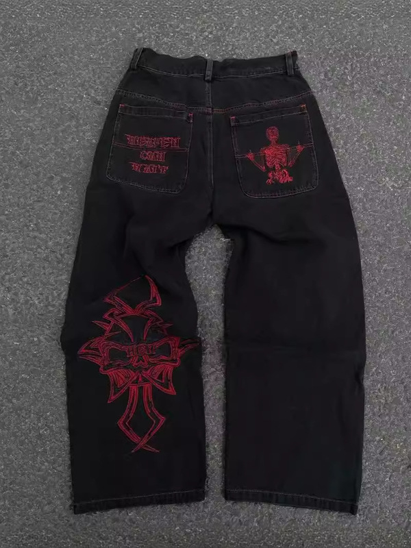 This Year's Y2K Jeans Men's Clothing Hip Hop Retro SKull Washed Loose Jeans Casual Wide Leg Pants