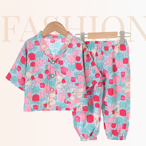 Children's Home Set Summer Sleepwear Cotton Blend Two-Piece Set Cotton Blend Air-Conditioning Suit for Kids
