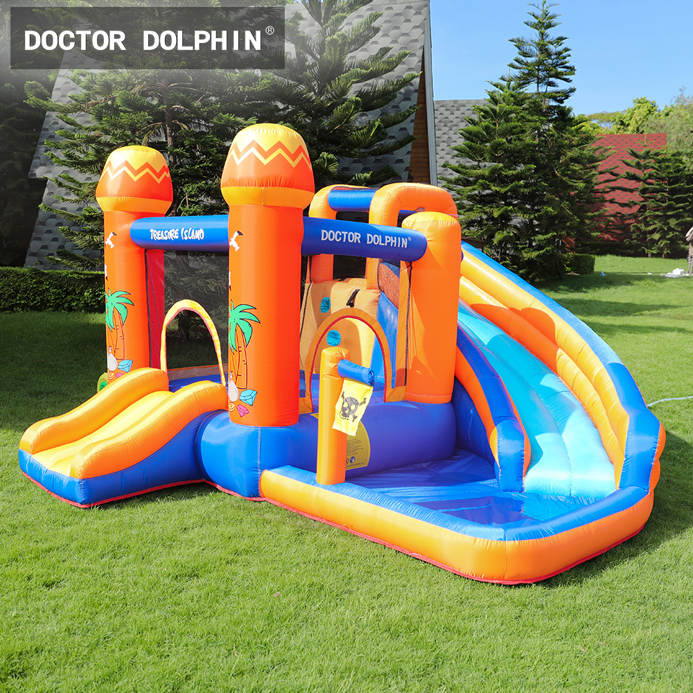 Castillo inflable para niños Doctor Dolphin para uso doméstico, área de juegos para fiestas pequeñas y medianas, trampolín inflable interior antideslizante y tobogán combinados.